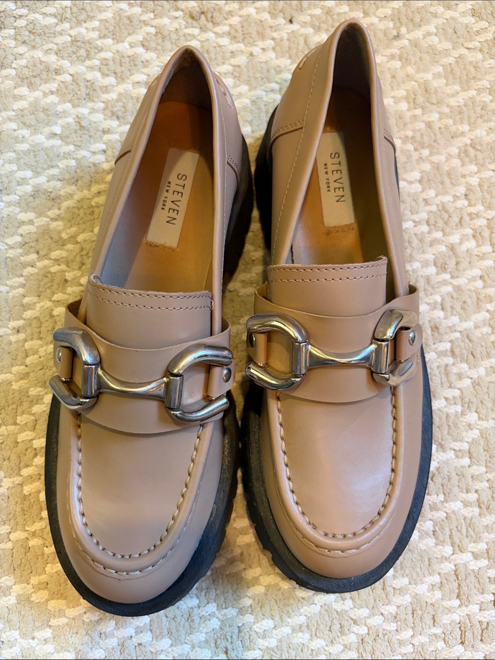 STEVEN by Steve Madden Taupe Leather Loafers with Silver Horsebit